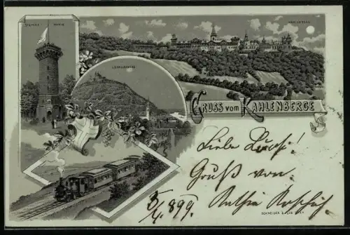 Mondschein-Lithographie Wien, Kahlenberg, Hotel, Stefanie-Warte, Leopoldsberg, Wappen, Eisenbahn