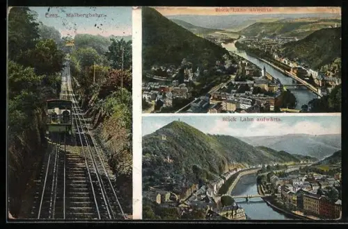 AK Bad Ems, die Malbergbahn, Stadtansicht Lahnabwärts und -aufwärts