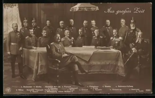 AK Heerführer an einem Tisch, Kaiser Wilhelm II., v. Mackensen, v. Beseler, v. Hindenburg, v. Emmich, v. Bülow