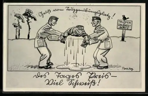 Künstler-AK Ferdinand Barlog: Gruss vom Truppenübungsplatz!, Soldatenhumor