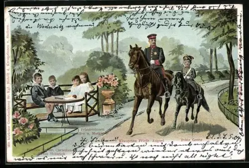 AK Kronprinz Friedrich August von Sachsen zu Pferd mit Prinz Georg und seinen andern Kindern