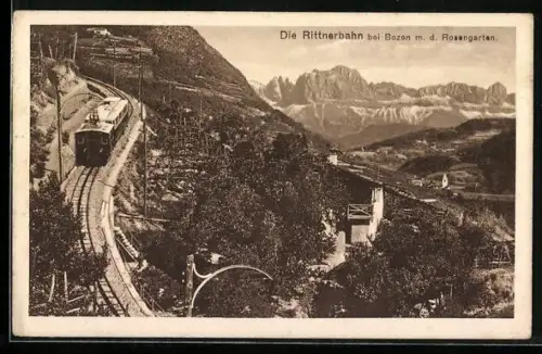 AK Bozen, Rittnerbahn mit dem Rosengarten aus der Vogelschau