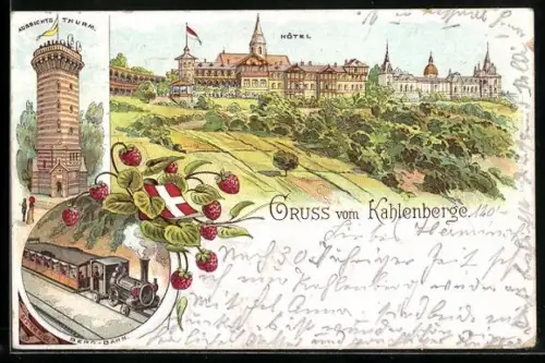Lithographie Wien, Kahlenberg, Hotel, Aussichtsturm und Bergbahn