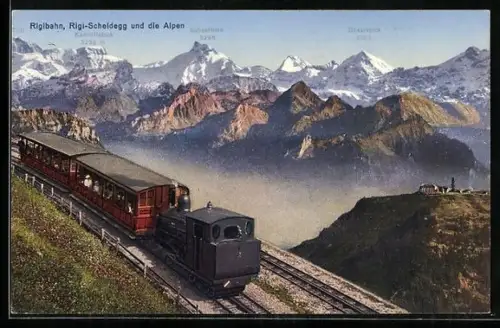AK Rigibahn, Rigi-Scheidegg und die Alpen, Aussicht auf Tödi, Kammlistock, Scheerhorn u. Düssistock