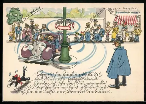 Künstler-AK Reklame für Bremsbelag Bremsit, Serie VIII Bild 1, Einem Autofahrer im Kreisel ist schwindlig