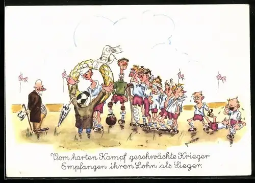 Künstler-AK Vom harten Kampf geschwächte Krieger, Siegerehrung bei Fussballturnier