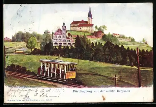 AK Linz a. D., Pöstlingberg mit der elektr. Bergbahn, Strassenbahn