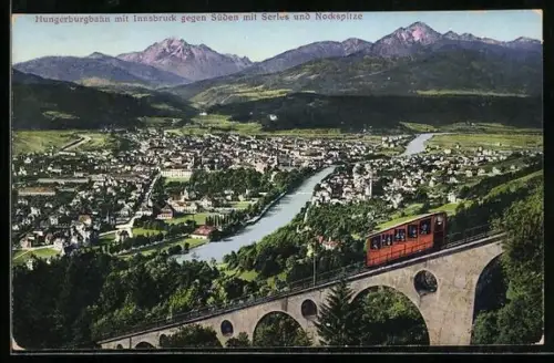 AK Innsbruck, Teilansicht mit Hungerburgbahn gegen Süden mit Serles und Nockspitze