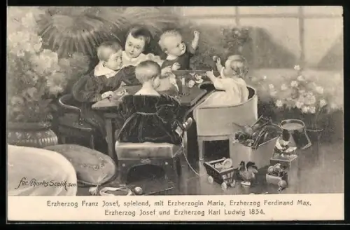 Künstler-AK Erzherzog Franz Josef, spielend mit Erzherzogin Maria, Ferdinand Max und Erzherzog Karl Ludwig 1834
