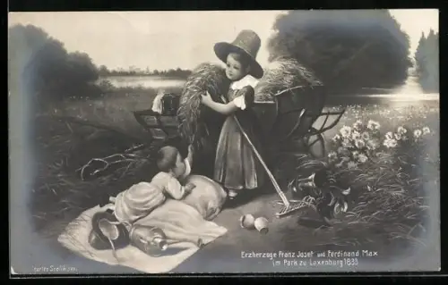Künstler-AK Charles Scolik: Kaiser Franz Josef I. von Österreich und Ferdinand Max im Park zu Laxenburg im Jahre 1833