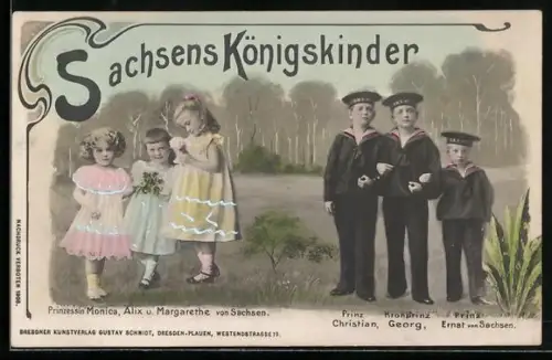 AK Prinzessin Monica, Alix & Margarethe mit Prinz Christian und Ernst August & Kronprinz Georg von Sachsen