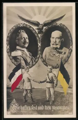 AK Kaiser Franz Josef I. von Österreich, Kaiser Wilhelm II., händeschütelnde Soldaten, Propaganda 1. Weltkrieg