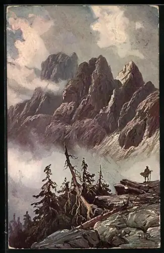 Künstler-AK Bozen, Rosengartenspitze mit Vajolettürme von Norden