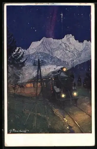 Künstler-AK Brüder Kohn (B.K.W.I) Nr. 759-2: Dampflokomotive bei Nacht