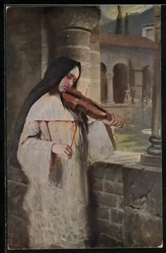 Künstler-AK Hermann Kaulbach: Nonne im Kreuzgang spielt Geige