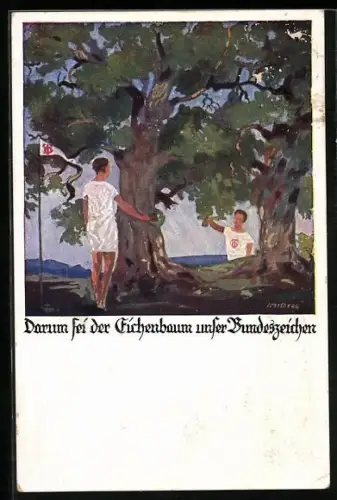 Künstler-AK zwei Turner an einer Eiche