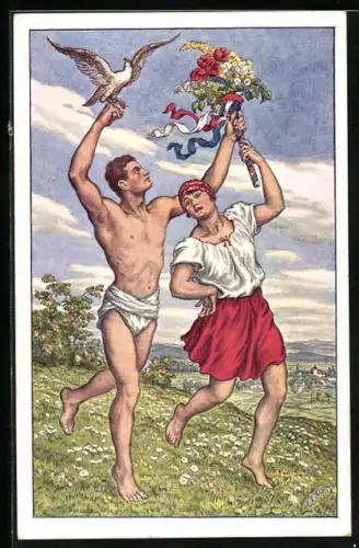 AK Sokol 1926, Athleten mit Falke und Blumen auf der Wiese