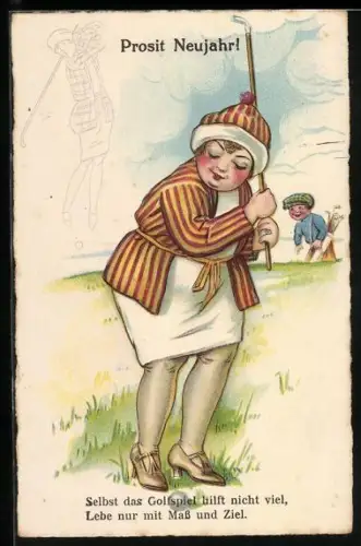 AK Selbst das Golfspiel hilft nicht viel..., dicke Frau spielt Golf