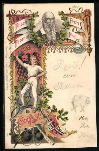 Lithographie Frisch Fromm Froh Frei, Turnvater Jahn und Sportler mit Hanteln