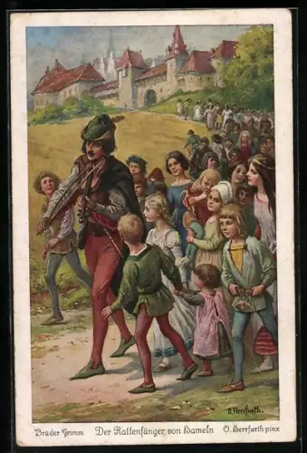 Künstler-AK Oskar Herrfurth: Der Rattenfänger von Hameln, Nr. 6, Kinder folgen