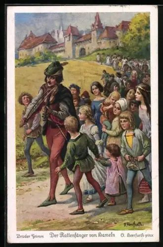 Künstler-AK Oskar Herrfurth: Der Rattenfänger von Hameln, Nr. 6, Kinder folgen
