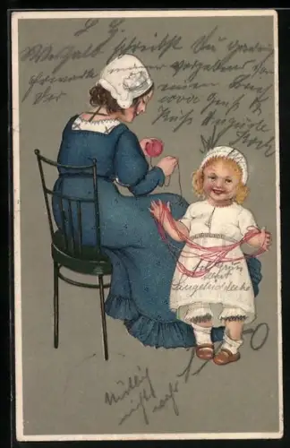 AK Kleines Mädchen hilft der Mutter beim Stricken