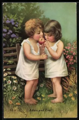 Künstler-AK Arno von Riesen: Kinder teilen sich einen Apfel, Adam und Eva!