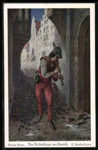 Künstler-AK Oskar Herrfurth: Brüder Grimm, Der Rattenfänger von Hameln, 3. Der Rattenfänger zog darnach ein Pfeifchen...