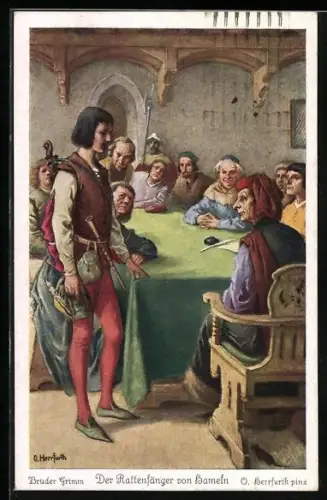 Künstler-AK Oskar Herrfurth: Der Rattenfänger von Hameln, Rattenfänger steht vor Gericht