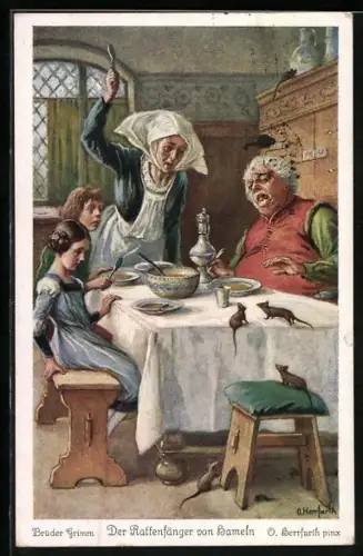 Künstler-AK Oskar Herrfurth: Brüder Grimm, Der Rattenfänger von Hameln Nr. 1, Ratten auf dem Esstisch