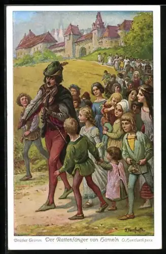 Künstler-AK Oskar Herrfurth: Der Rattenfänger von Hameln, der Rattenfänger entführt die Kinder