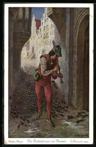 Künstler-AK Oskar Herrfurth: Brüder Grimm, Der Rattenfänger von Hameln, 3. Der Rattenfänger zog darnach ein Pfeifchen...
