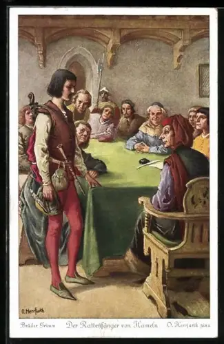 Künstler-AK Oskar Herrfurth: Brüder Grimm, Der Rattenfänger von Hameln, 4. Nachdem die Bürger aber...