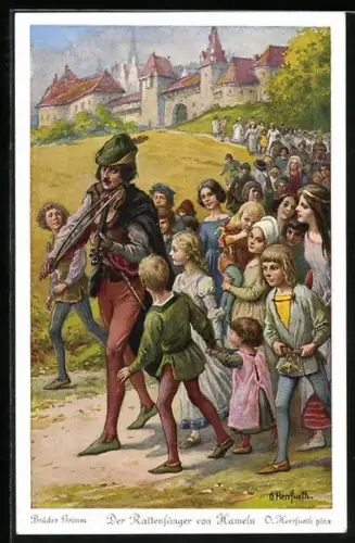 Künstler-AK Oskar Herrfurth: Der Rattenfänger von Hameln, Nr. 6, Kinder folgen