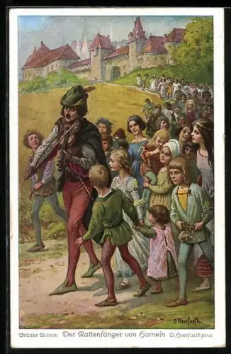 Künstler-AK Oskar Herrfurth: Der Rattenfänger von Hameln, der Rattenfänger entführt die Kinder