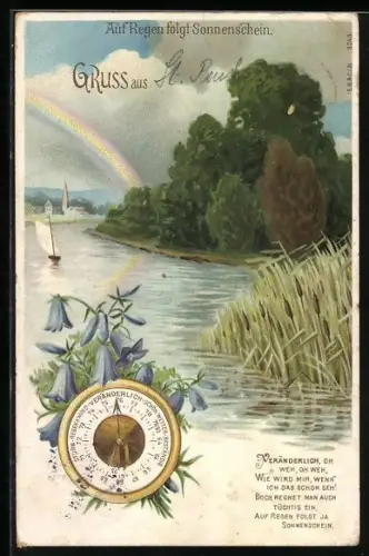AK Auf Regen folgt Sonnenschein, Landschaftsmotiv mit Regenbogen