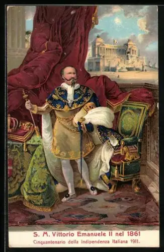 AK S.M. Vittorio Emanuele II, Portrait im Mantel mit Zepter in der Hand