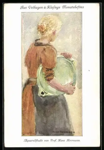 Künstler-AK Velhagen & Klasings Monatshefte, blondes Mädchen mit Tablett