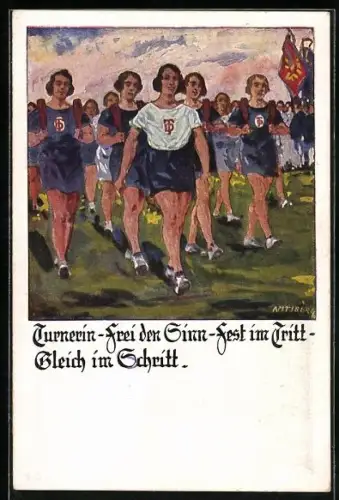 Künstler-AK Otto Amtsberg: Turnerin marschieren gemeinsam