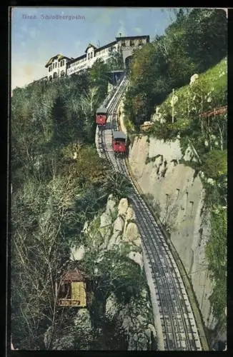 AK Graz, Schlossbergbah mit Cafe und Restaurant Schlossberg