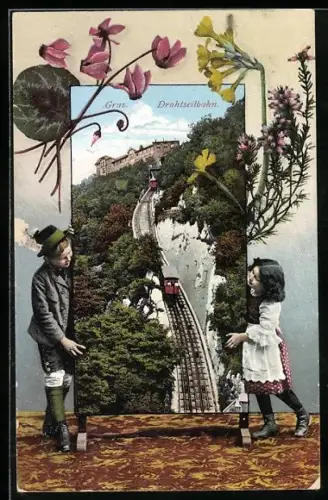 AK Graz, Drahtseilbahn mit Blumen
