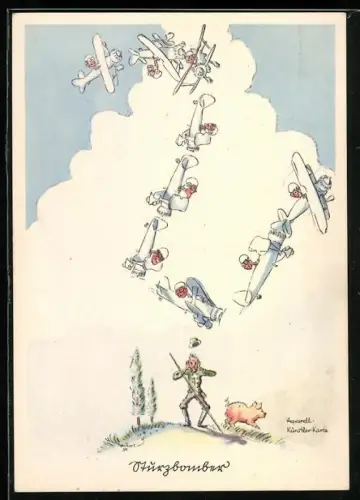 Künstler-AK Sturz-Bomber erschreckt Bauern und Schwein