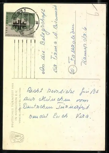 AK München, Deutsches Turnfest 1958 - Frauenkirche und Athleten