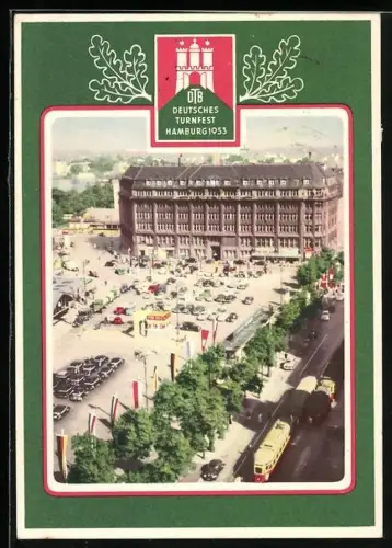AK Hamburg, Turnfest 1953, Vor dem Hauptbahnhof mit Strassenbahn