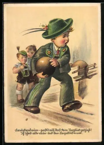 AK Junge in Tracht beim Kegeln