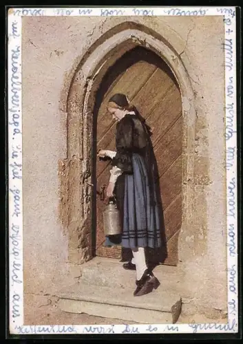 AK Kärntner Tracht, In der Gegend, eine Frau im Trachtenkleid an der Haustür, Zitat von A. Traunig