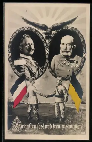 AK Kaiser Franz Josef I. von Österreich, Kaiser Wilhelm II., händeschütelnde Soldaten, Propaganda 1. Weltkrieg