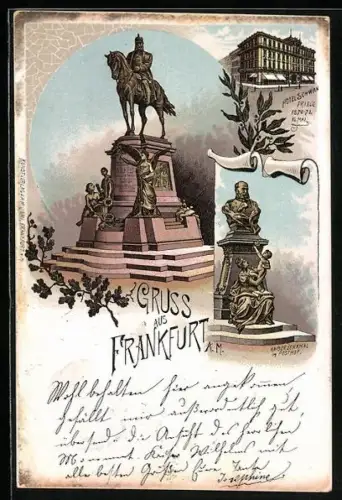 Lithographie Frankfurt am Main, Hotel Schwan, Kaiserdenkmal im Posthof