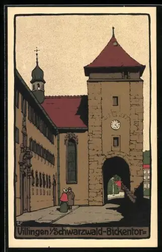 Steindruck-AK Villingen-Schwenningen, Leute am Bickentor
