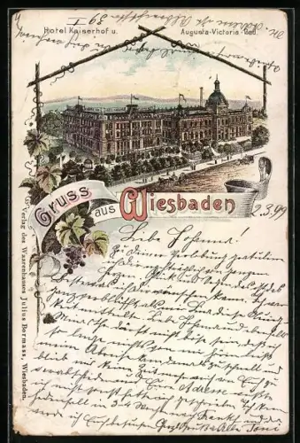Lithographie Wiesbaden, Hotel Kaiserhof und Augusta-Victoria-Bad aus der Vogelschau